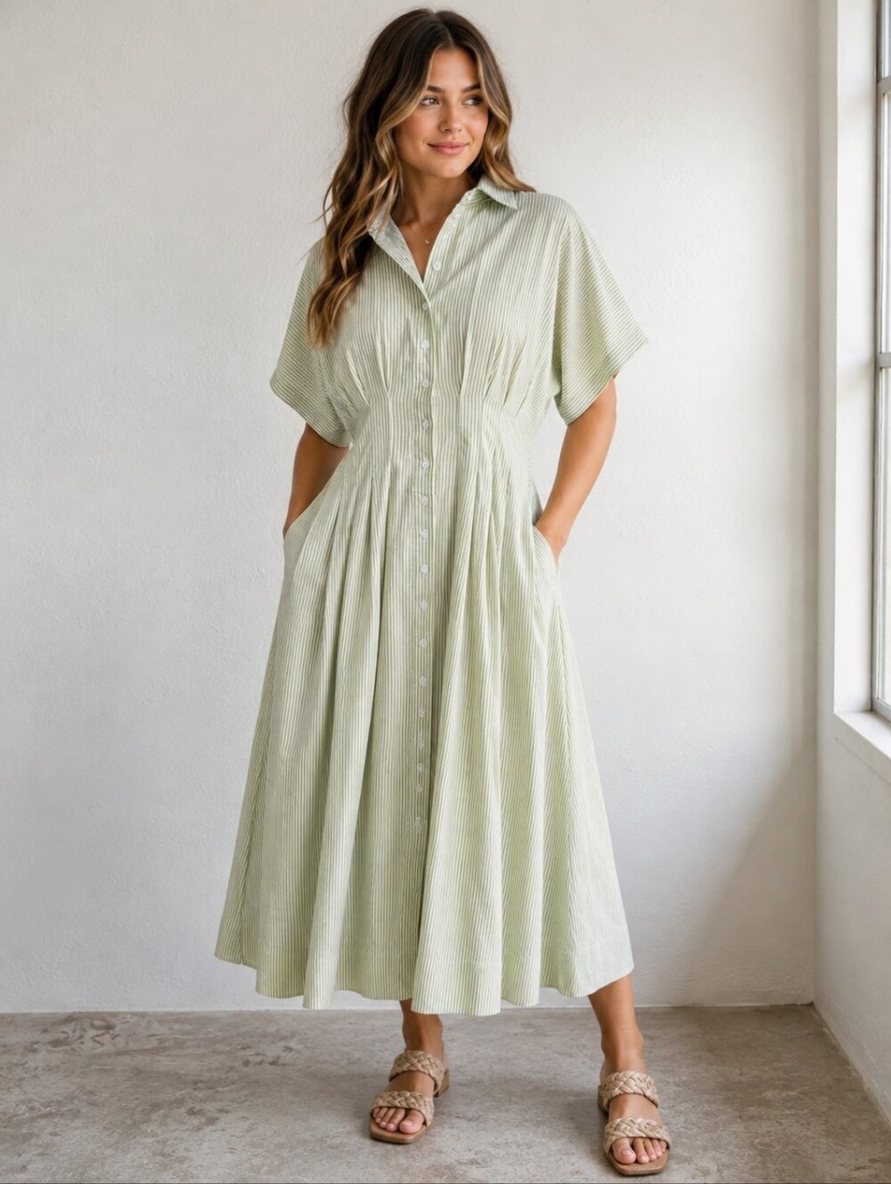 By Together Green Striped Button Front Midi Shirt Dress Size Medium